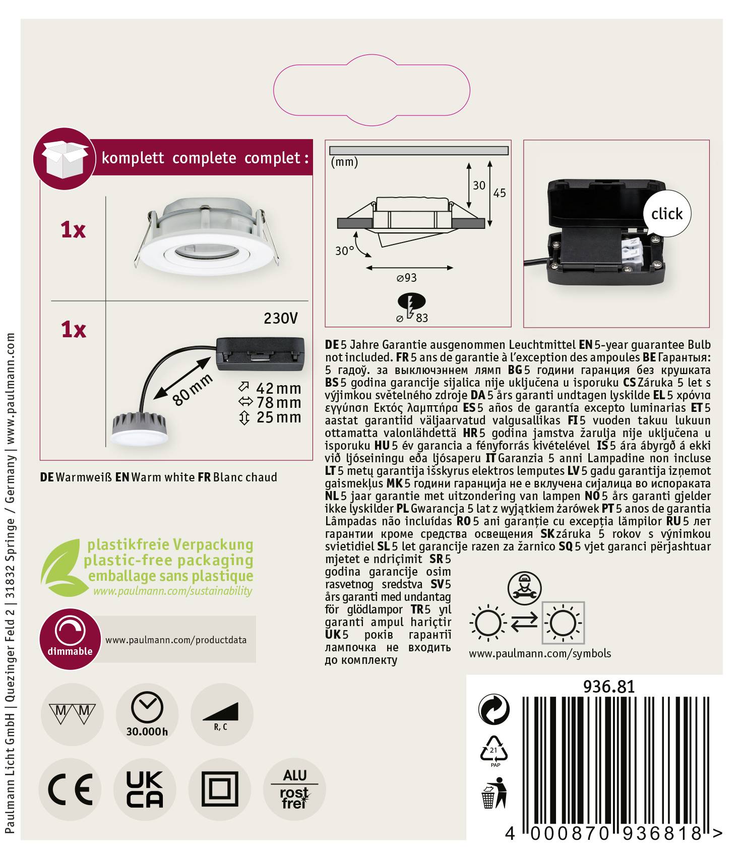 Paulmann Nova Plus Bad-Einbauleuchte LED LED 6W IP65 Weiß (matt)