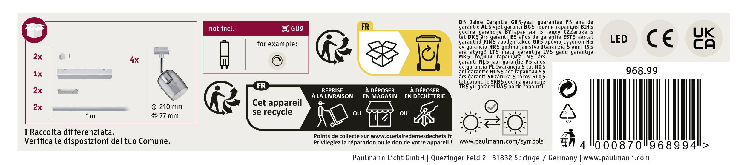 Paulmann Blossom Schienen-Komplett-System URail G9 40W LED Chrom, Chrom (matt), Rauch