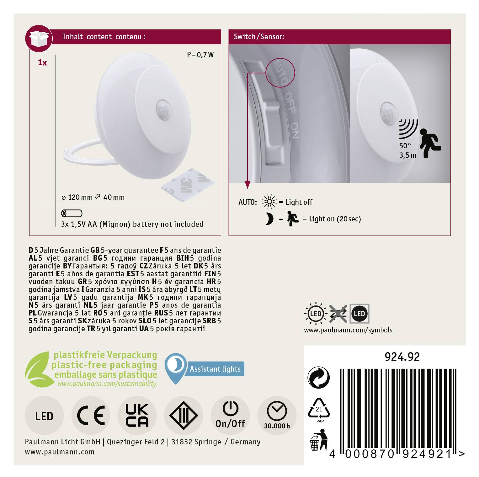 Paulmann Viby 92492 LED-Nachtlicht mit Bewegungsmelder Rund LED Warmweiß Weiß