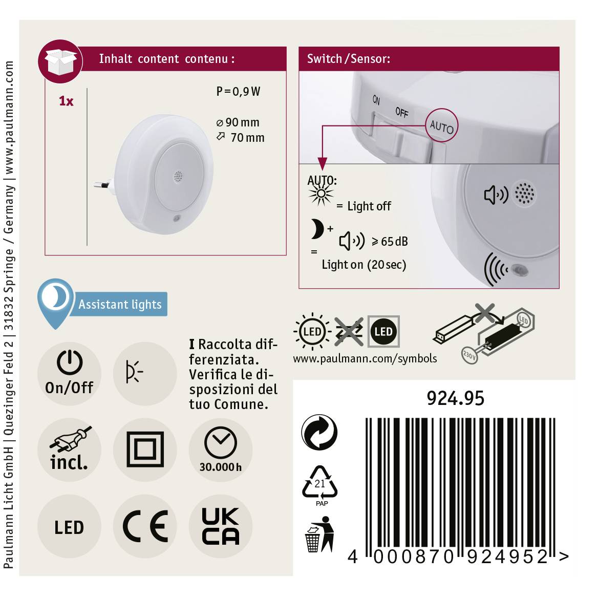 Paulmann Horby 92495 LED-Nachtlicht Rund LED Warmweiß Weiß