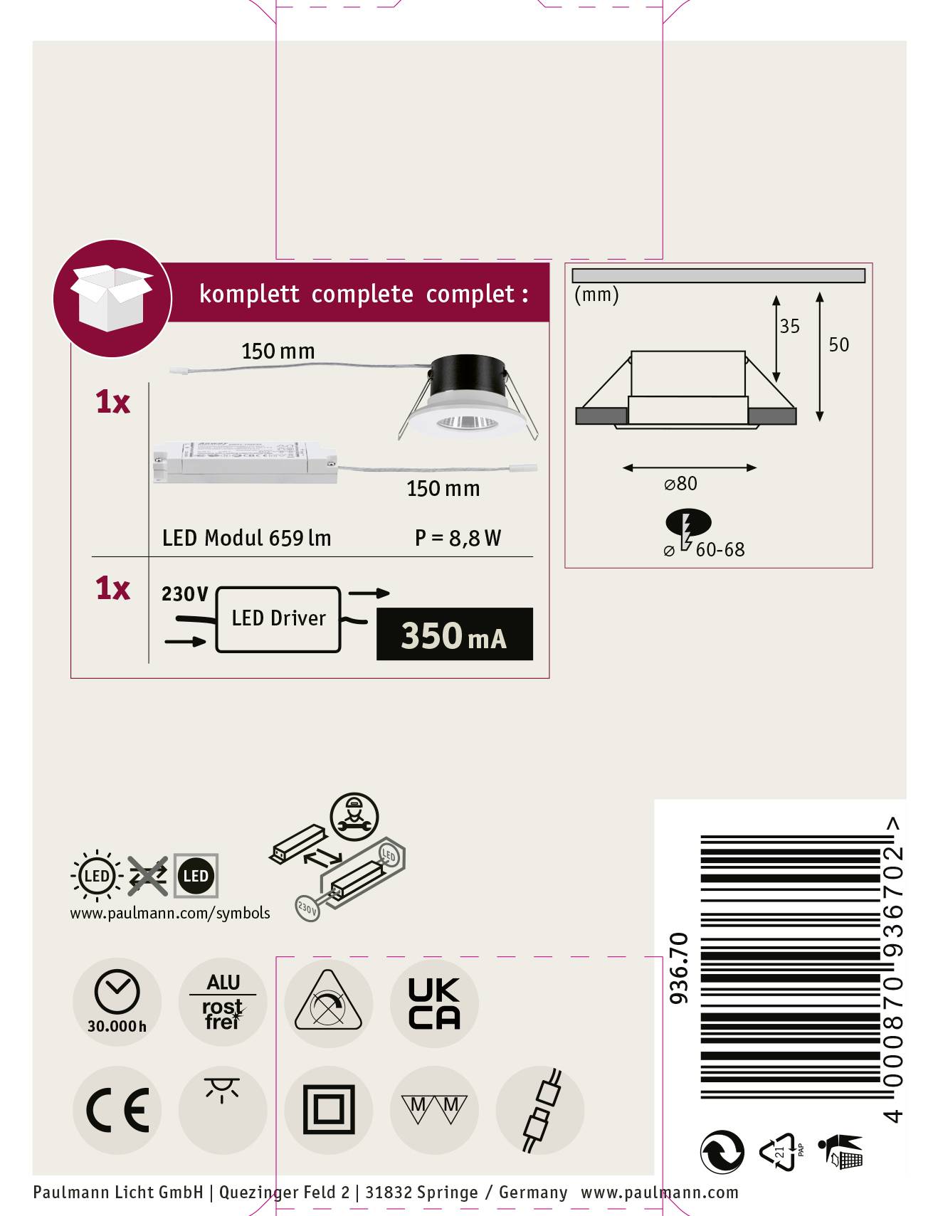 Paulmann Calla LED-Bad-Einbauleuchte 7W IP65 Weiß (matt)