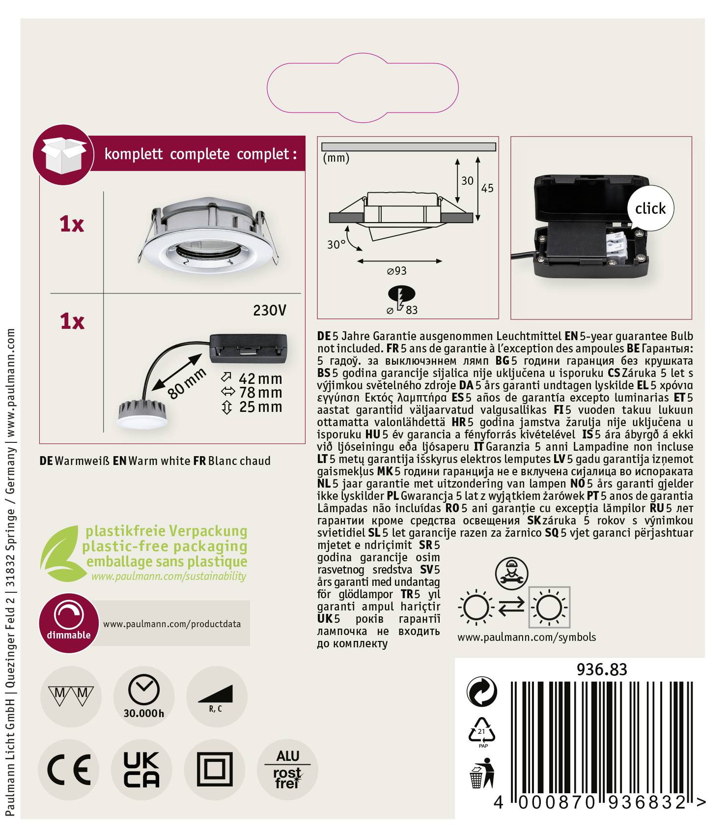 Paulmann Nova Plus Bad-Einbauleuchte LED LED 6W IP65 Chrom