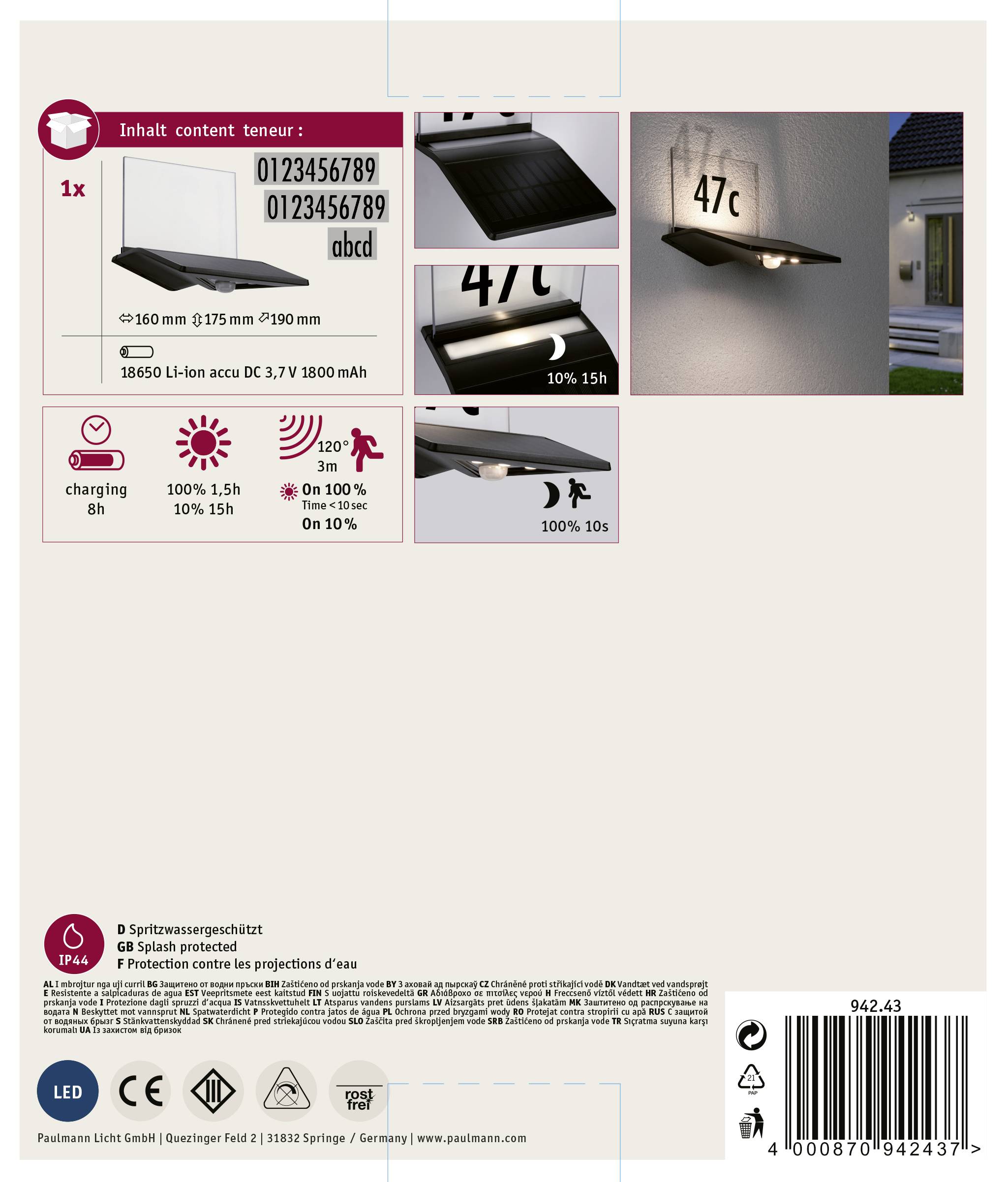 Paulmann 94243 Yoko Solar-Hausnummernleuchte mit Bewegungsmelder 1.2W Warmweiß Anthrazit