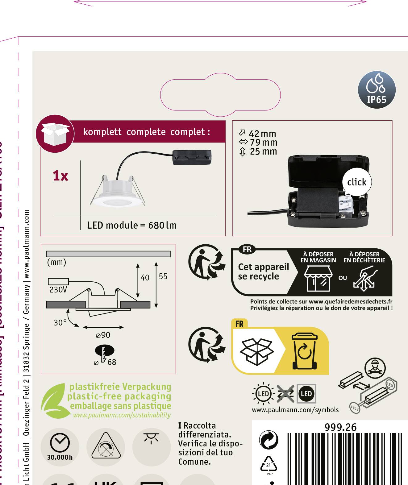 Paulmann Calla LED-Bad-Einbauleuchte 6W IP65 Weiß (matt)