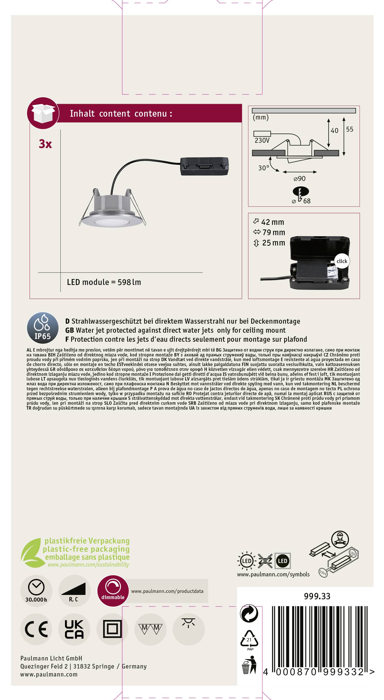 Paulmann Calla LED-Bad-Einbauleuchte 3er Set 19.5W IP65 Chrom (matt)