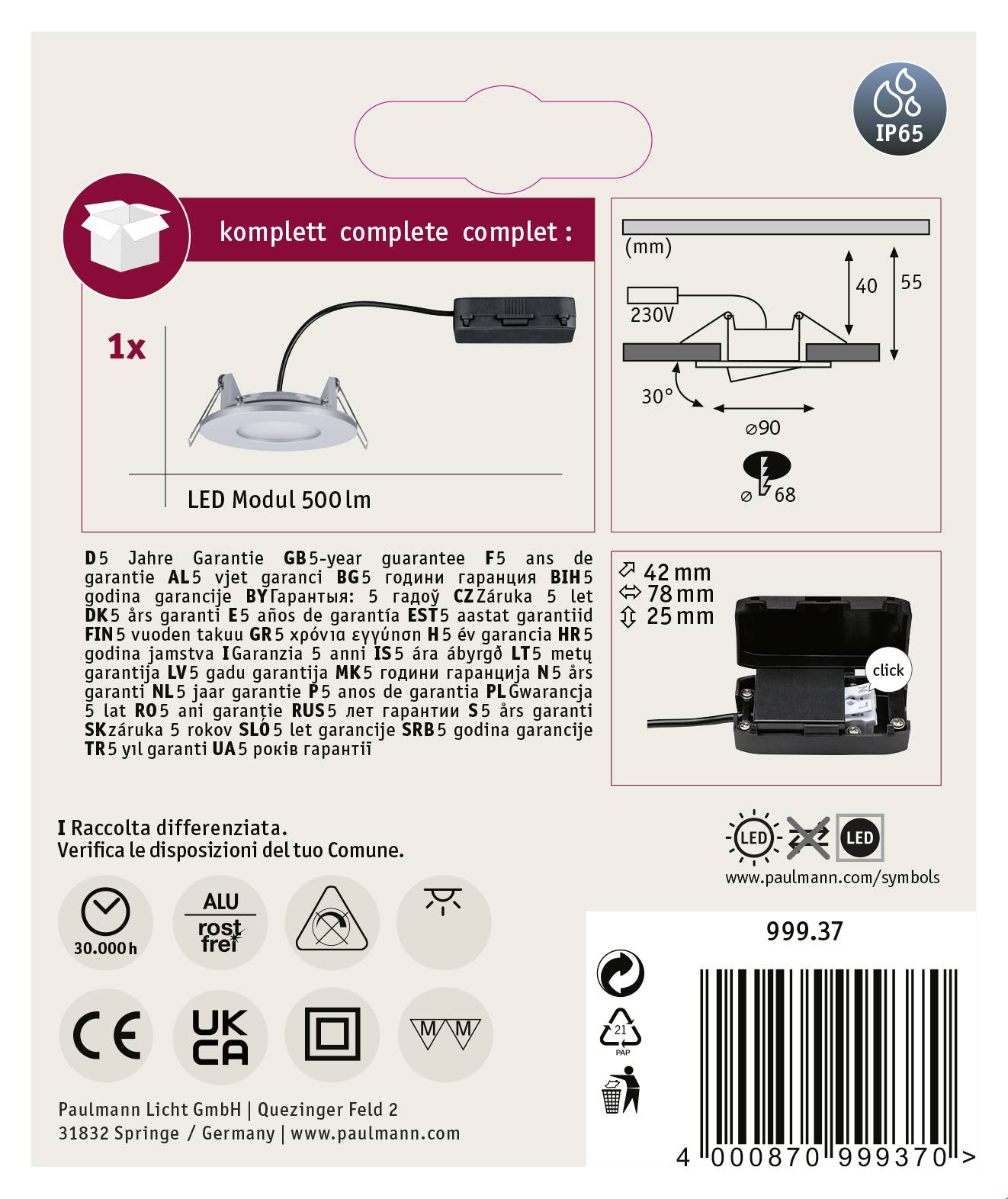 Paulmann Calla LED-Bad-Einbauleuchte 5W IP65 Chrom (matt)