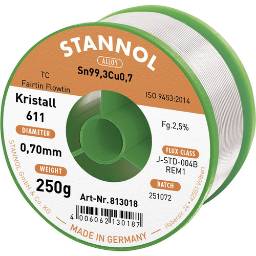 Stannol Kristall 611 Fairtin Étain à souder sans plomb sans plomb Sn99,3Cu0,7 REM1 250 g 0.7 mm