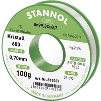 Stannol Kristall 600 Fairtin Lötzinn, bleifrei bleifrei Sn99,3Cu0,7 REL0 100g 0.7mm Stannol Kristall 600 Fairtin Lötzinn, bleifrei bleifrei Sn99,3Cu0,7 REL0 100g 0.7mm