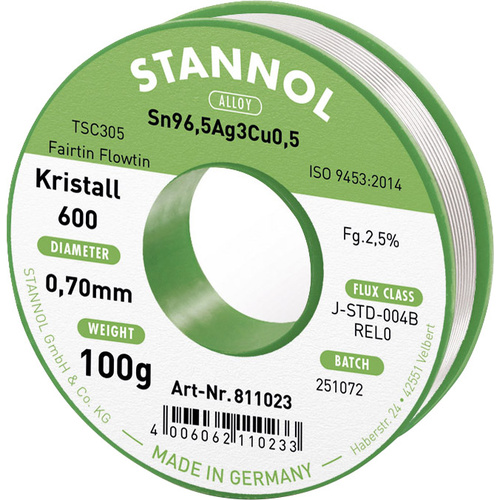 Stannol Kristall 600 Fairtin Lötzinn, bleifrei bleifrei Sn96,5Ag3Cu0,5 REL0 100g 0.7mm