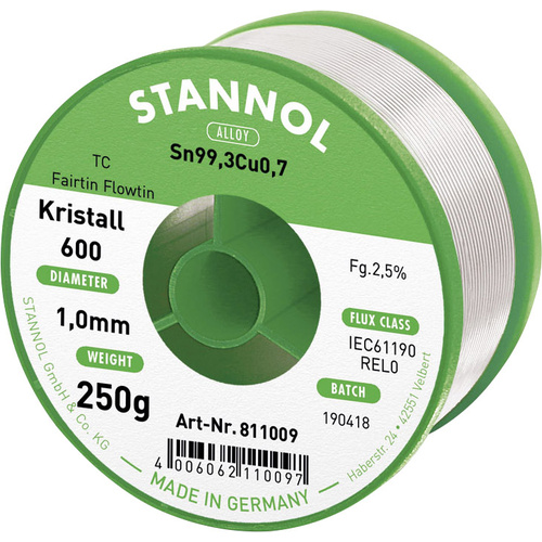 Stannol Kristall 600 Fairtin Lötzinn, bleifrei bleifrei Sn99,3Cu0,7 REL0 250 g 1 mm