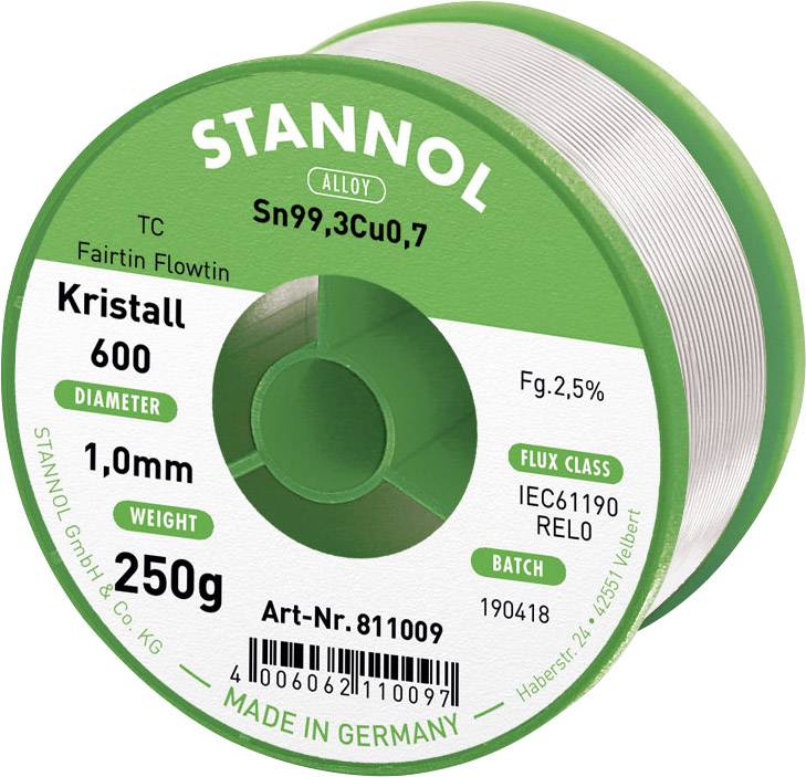 Stannol Kristall 600 Fairtin Lötzinn, bleifrei bleifrei Sn99,3Cu0,7 REL0 250g 1mm