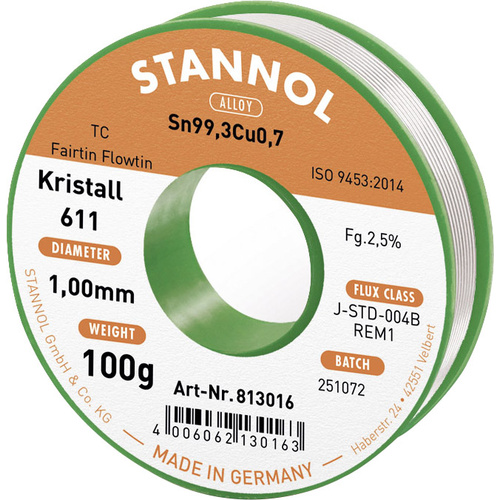 Stannol Kristall 611 Fairtin Étain à souder sans plomb sans plomb Sn99,3Cu0,7 REM1 100 g 1 mm