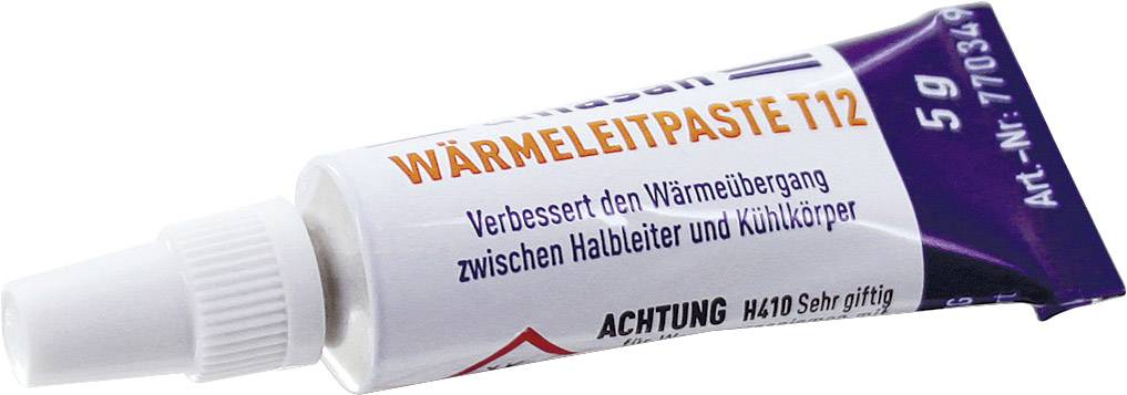 Weiße Tube mit Beschriftung 'Wärmeleitpaste T12', verbessert Wärmeübergang zwischen Halbleiter und Kühlkörper. Enthält Warnhinweis.