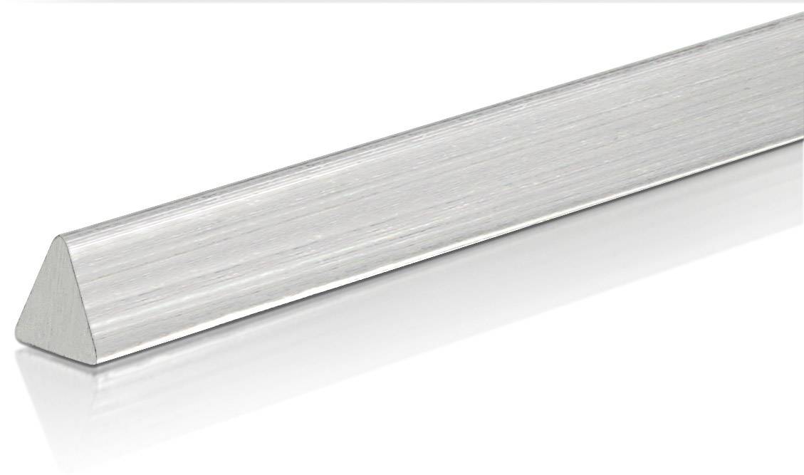Ein dreieckiges Aluminiumprofil, das von links nach rechts verläuft. Es zeigt die metallische Textur und glatte Oberfläche des Materials.