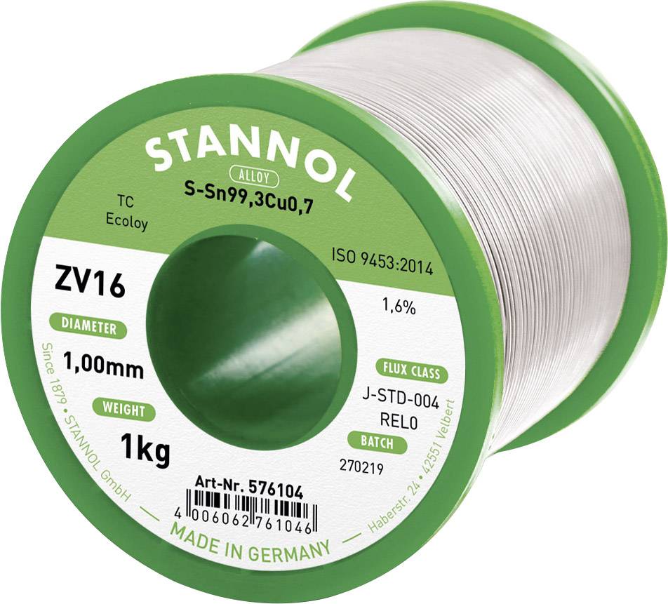 Stannol ZV16 Lötzinn, bleifrei bleifrei Sn99,3Cu0,7 REL0 1000g 1mm