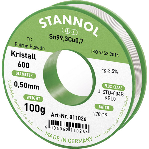 Stannol Kristall 600 Fairtin Lötzinn, bleifrei bleifrei Sn99,3Cu0,7 REL0 100g 0.5mm