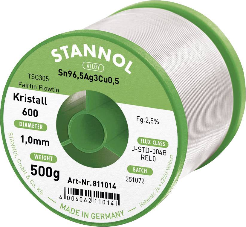 Stannol Kristall 600 Fairtin Lötzinn, bleifrei bleifrei Sn96,5Ag3Cu0,5 REL0 500g 1mm