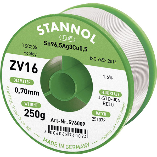 Stannol ZV16 Étain à souder sans plomb sans plomb Sn96,5Ag3Cu0,5 REL0 250 g 0.7 mm