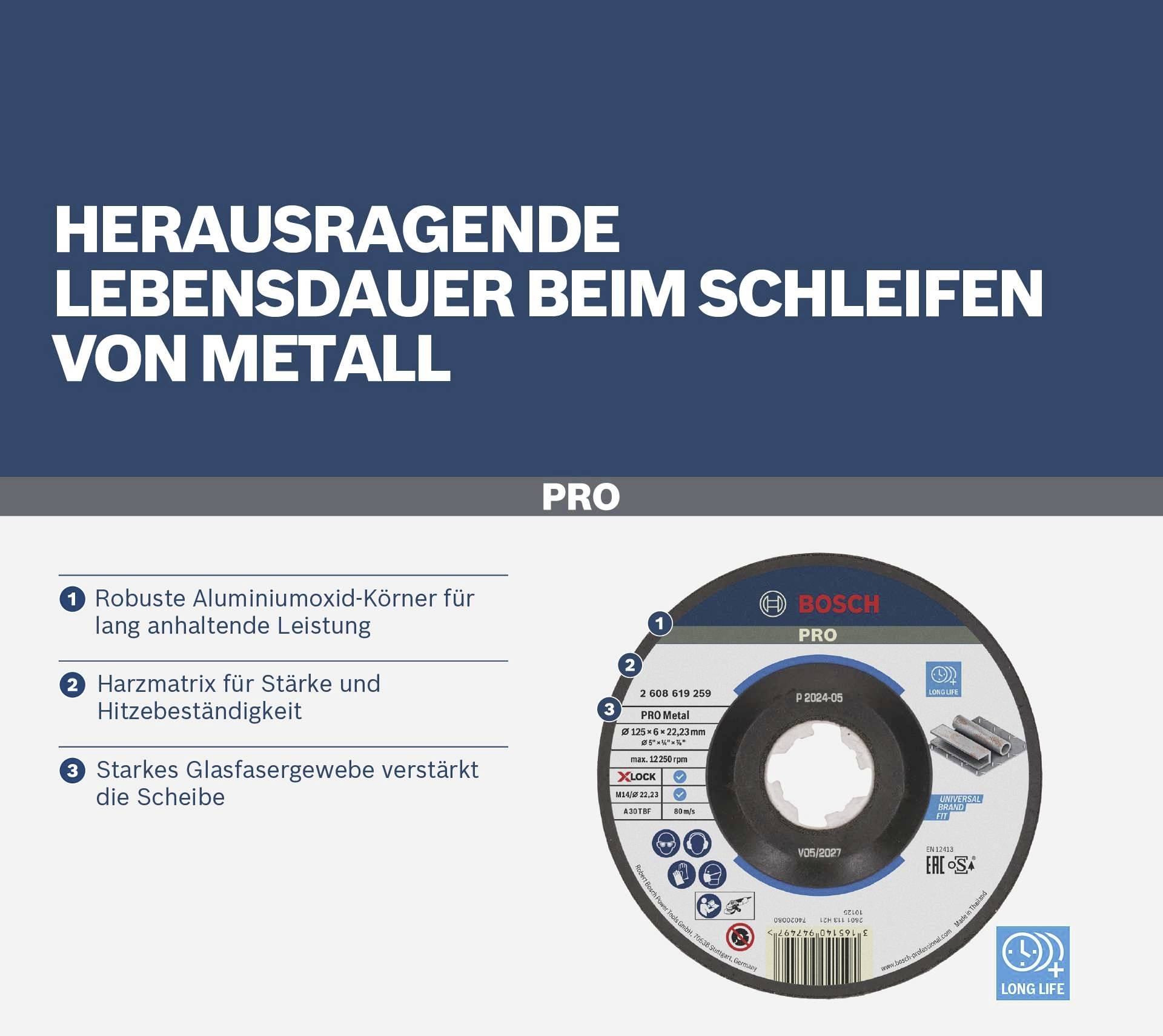 Schleifscheibe mit Aluminiumoxid-Körnern und Glasfasergewebe für lange Lebensdauer beim Metallschleifen. Markenname sichtbar.