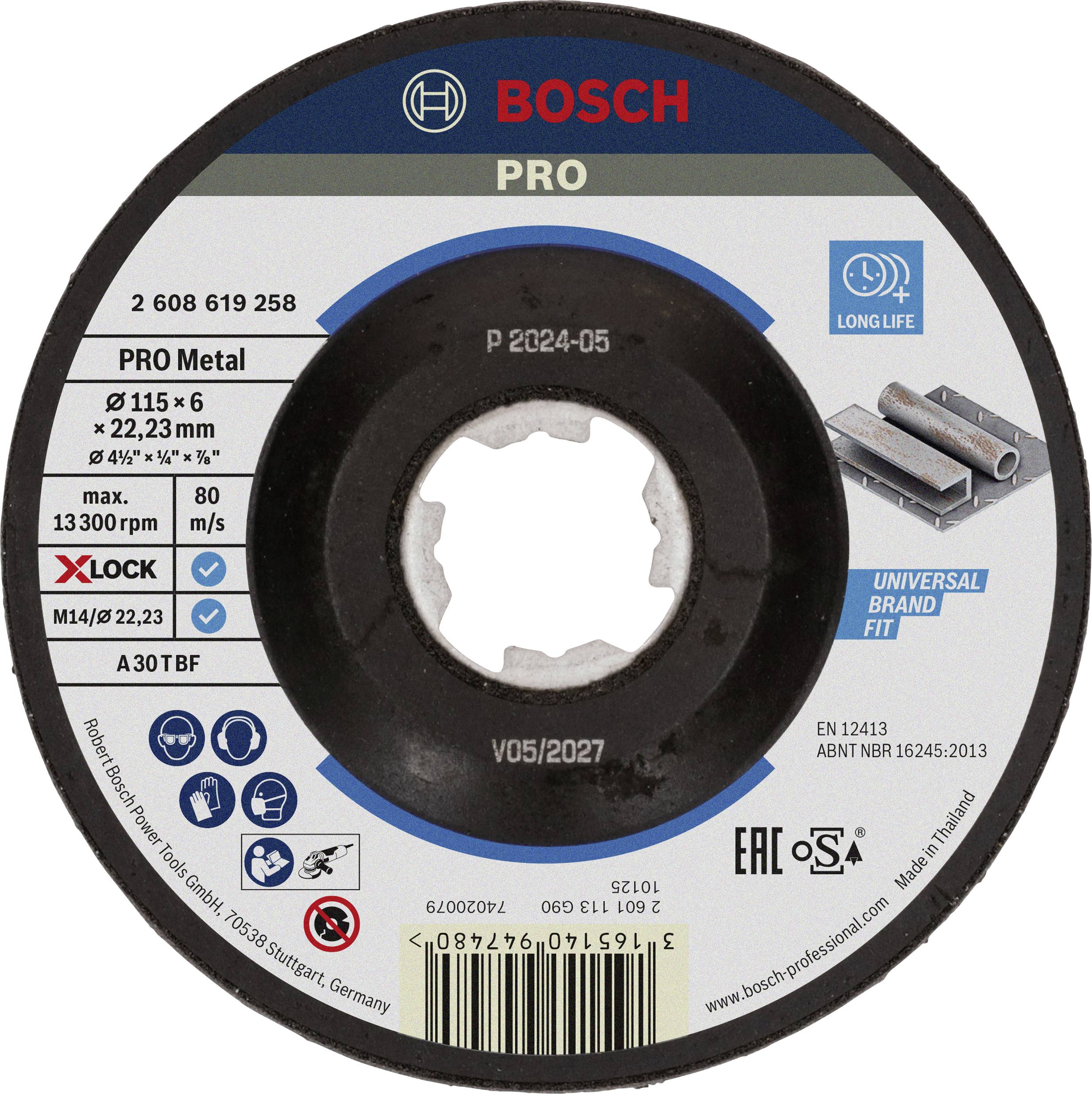 Produklabel einer Bosch Pro Trennscheibe für Metall. Durchmesser: 115 mm, Dicke: 6 mm, Bohrung: 22,23 mm. Maximale Drehzahl: 13.300 U/min.