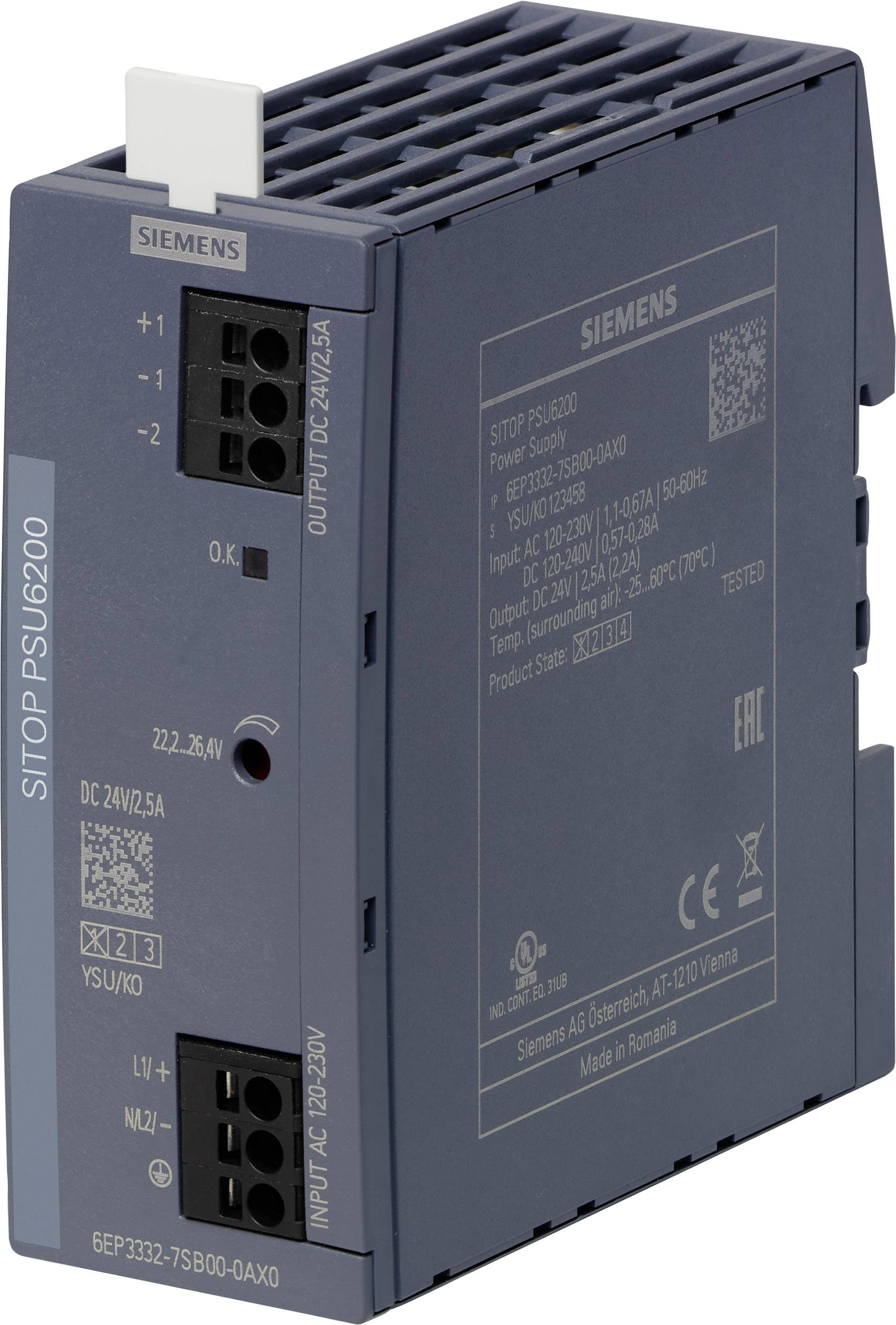 'Siemens SITOP PSU6200' Netzteil-Modul. DC 24V, 2.5A-Ausgang, LED-Anzeigen für Betriebsstatus. Graues, rechteckiges Gehäuse.