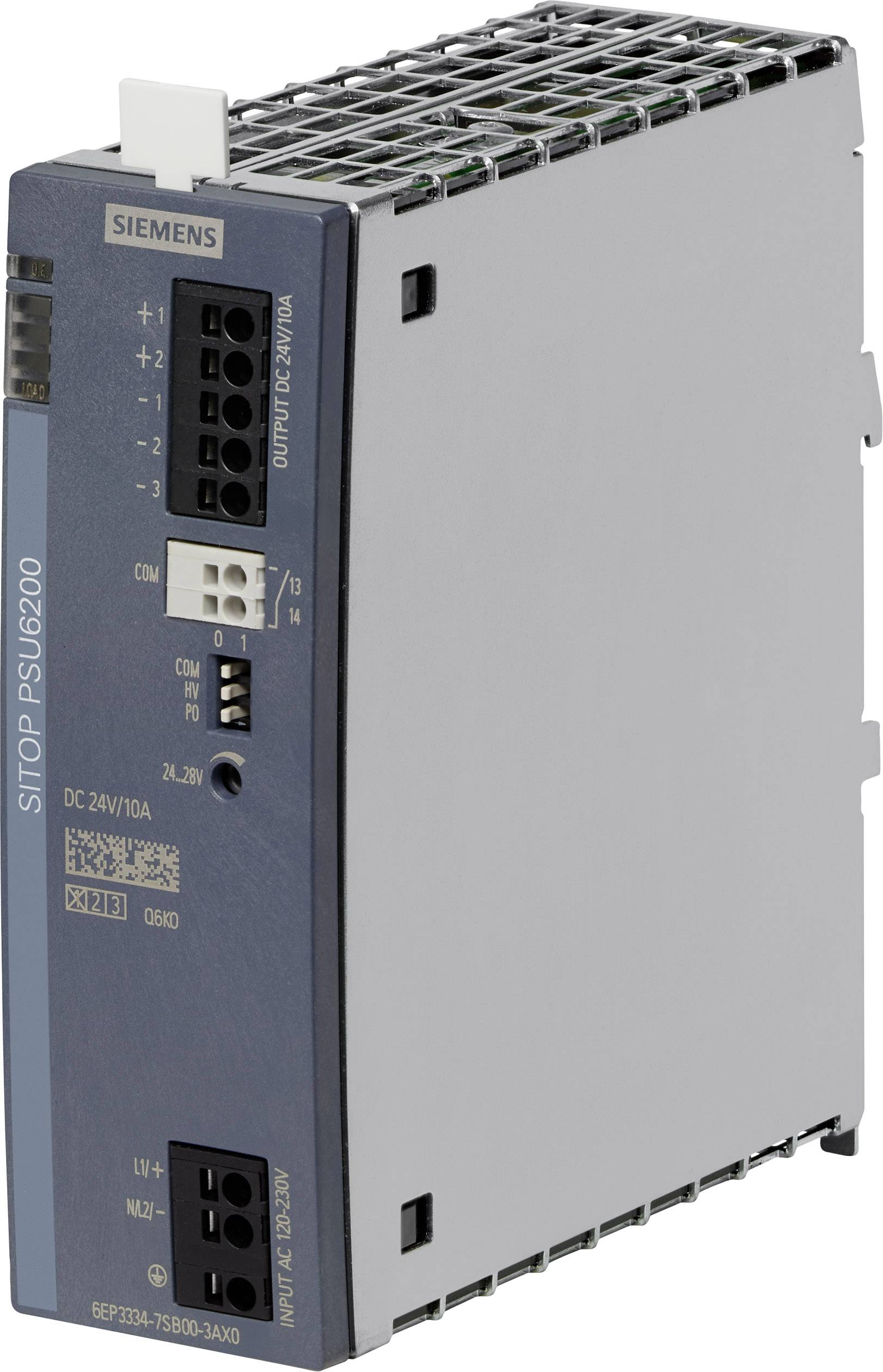 Netzteilgerät, dargestellt mit blauer Front, zeigt Marke 'Siemens', Eingangs- und Ausgangsanschlüsse, Modell 'SITOP PSU6200'.