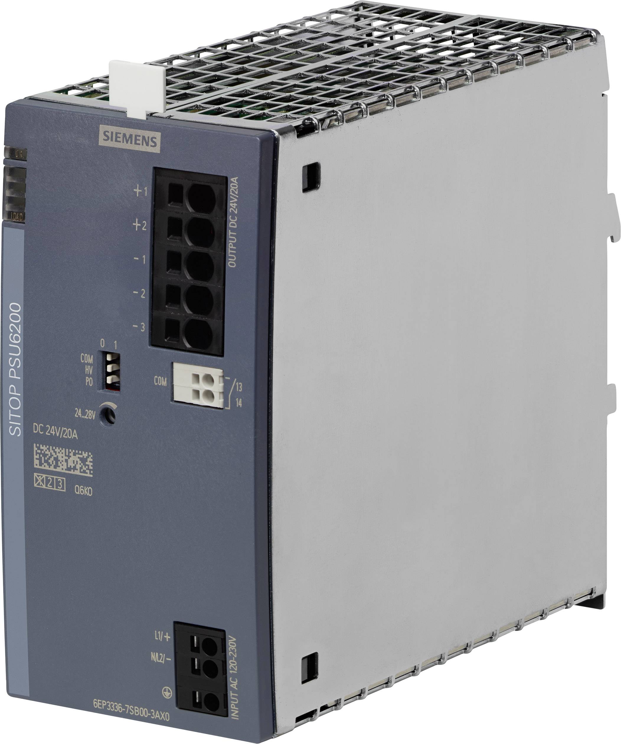 Ein Siemens SITOP PSU6200 Schaltnetzteil für die Hutschienenmontage, mit mehreren Ausgängen und einem stabilen, grauen Gehäuse.