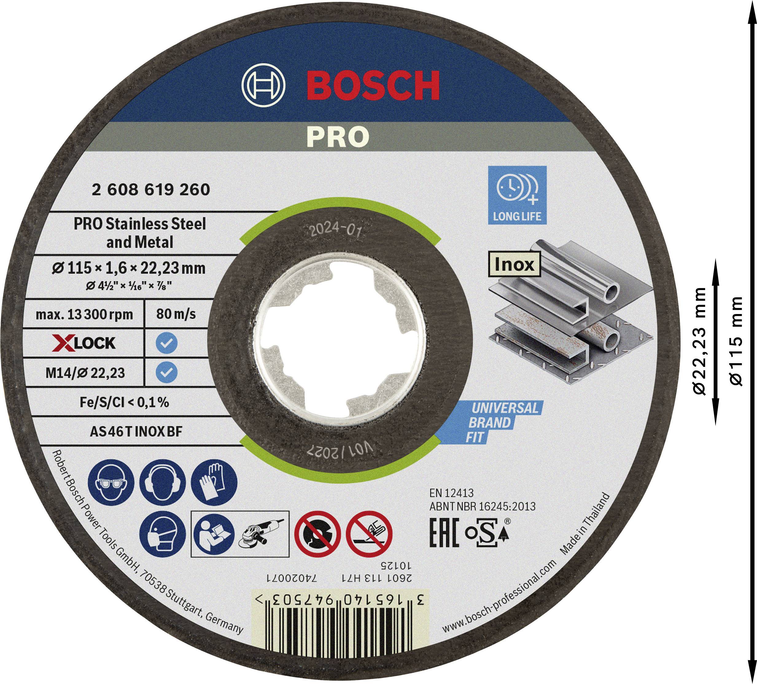 'Bosch Trennscheibe PRO', für Edelstahl und Metall, Größe 115 x 1,6 x 22,23 mm, mit X-Lock-System und Geschwindigkeit von 80 m/s.