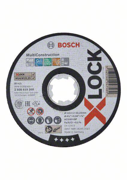Schleifscheibe der Marke Bosch mit Aufschrift 'X-LOCK', Durchmesser 115 x 22,23 mm, für Bauanwendungen, max. 13.300 U/min.