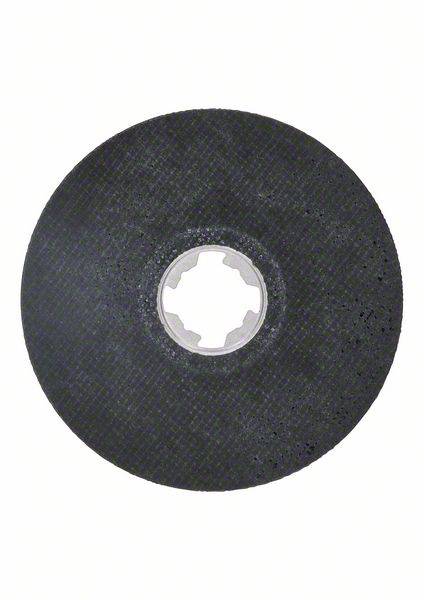 Schwarze, runde Schleifscheibe mit zentralem Loch, verwendet für Metallbearbeitung.