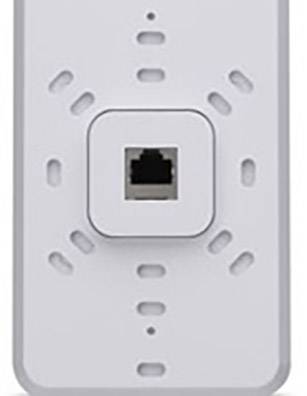 Weiße elektronische Wandvorrichtung mit Ethernet-Anschluss in der Mitte, umgeben von mehreren Belüftungsschlitzen.