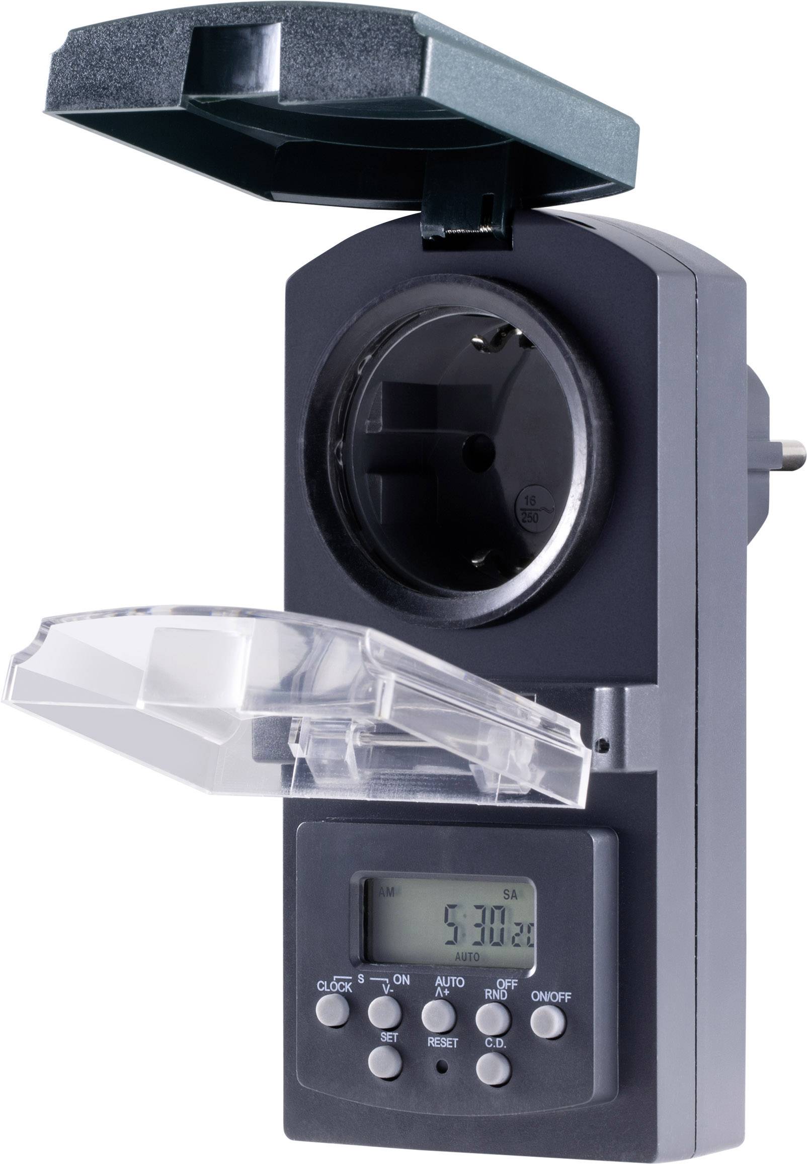 Sygonix SY-5044422 Steckdosen-Zeitschaltuhr digital Wochenprogramm 1800W IP44 Countdown-Funktion, Zufallsfunktion