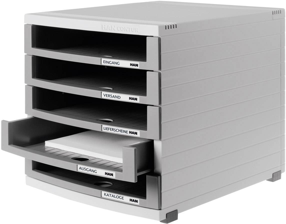 Grauer Ablage-Turm mit fünf beschrifteten Fächern: Eingang, Versand, Lieferscheine, Ausgang, Kataloge. Ein Fach ist leicht herausgezogen.
