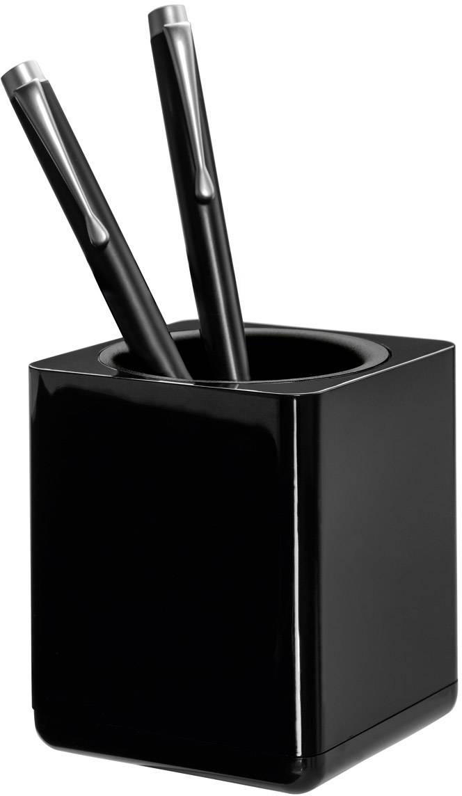 Zwei schwarze Stifte in einem schwarzen, quadratischen Stifthalter.