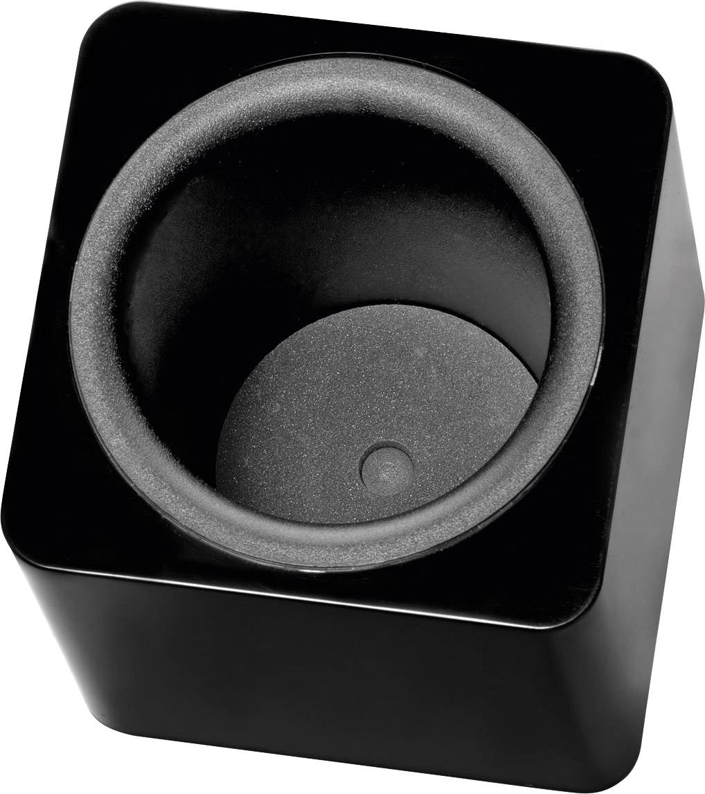 Schwarze, quadratische Halterung mit rundem, vertieftem Innenraum. Geeignet als Stifthalter oder Ablage für Kleinteile.