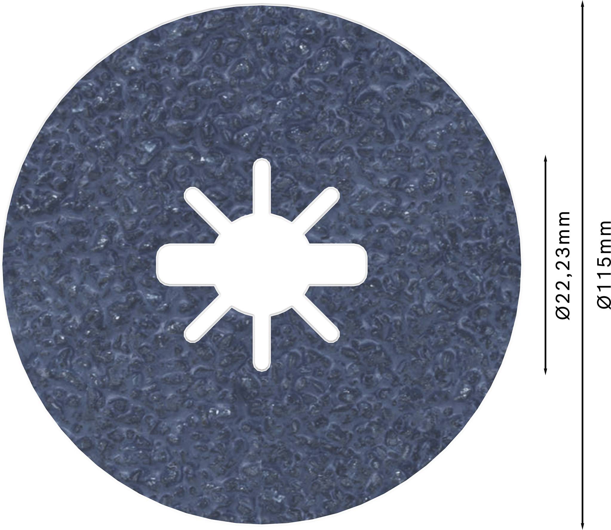 Dunkle Kreisscheibe mit sternförmigem Loch in der Mitte. Durchmesser 115 mm, Lochdurchmesser 22,23 mm.