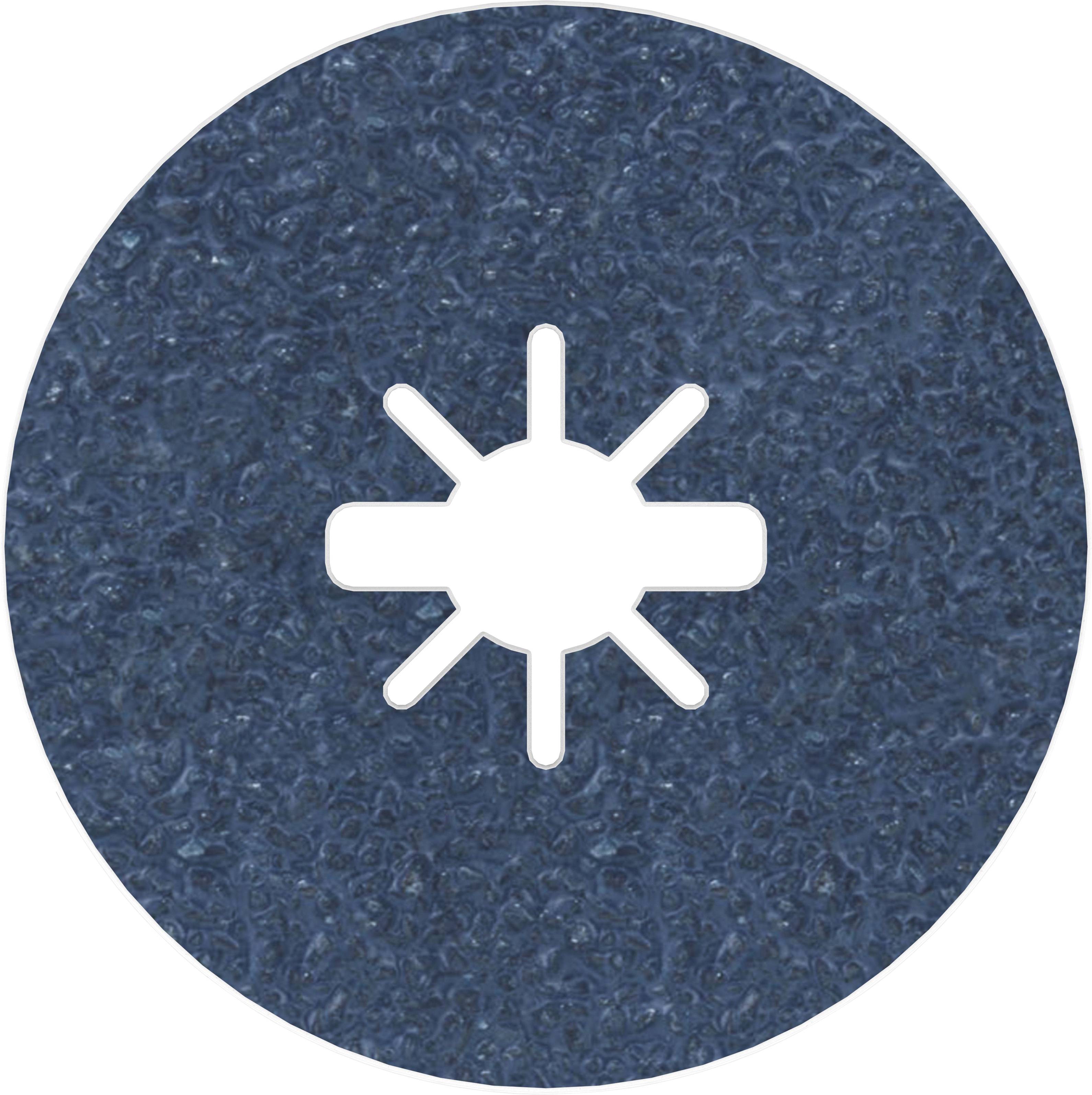 Ein rundes, blaues Schleifpad mit einem sternförmigen Loch in der Mitte, das zur Befestigung und Stabilisierung dient.