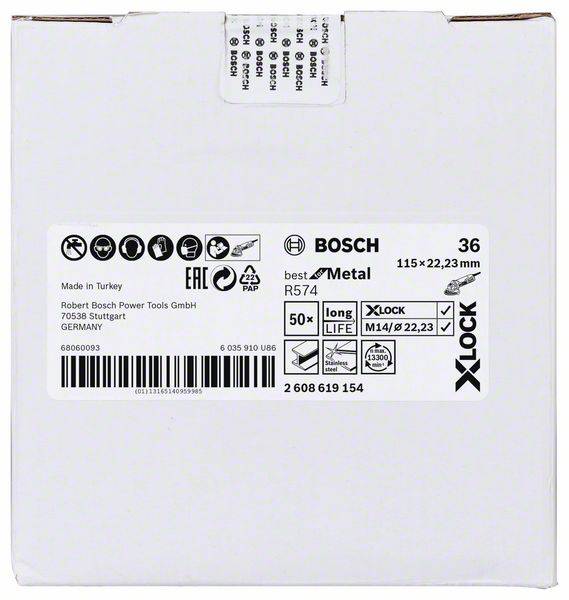 Eine Verpackung von Bosch mit X-Lock-Diamantscheiben, geeignet für Metallbearbeitung, 115 mm Durchmesser.
