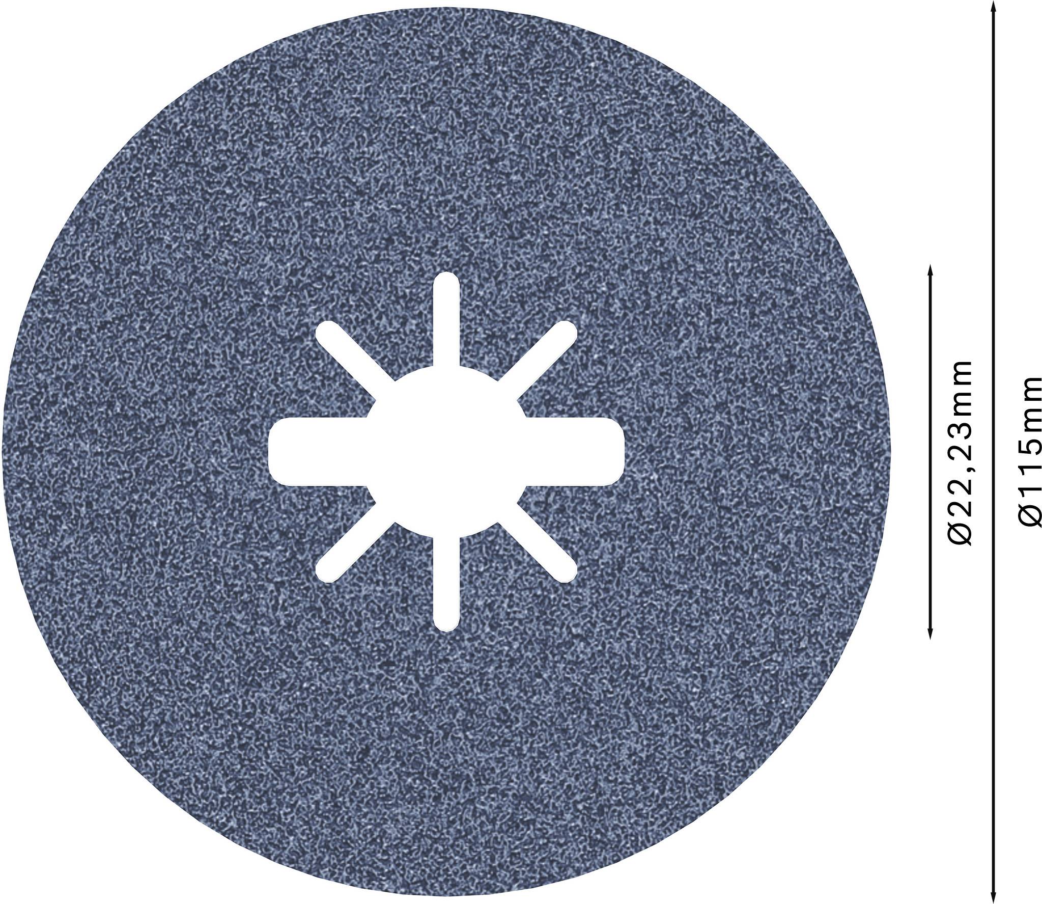 Schleifscheibe mit einem Durchmesser von 115 mm und einer Öffnung von 22,23 mm in der Mitte. Sie hat sechs radiale Aussparungen.