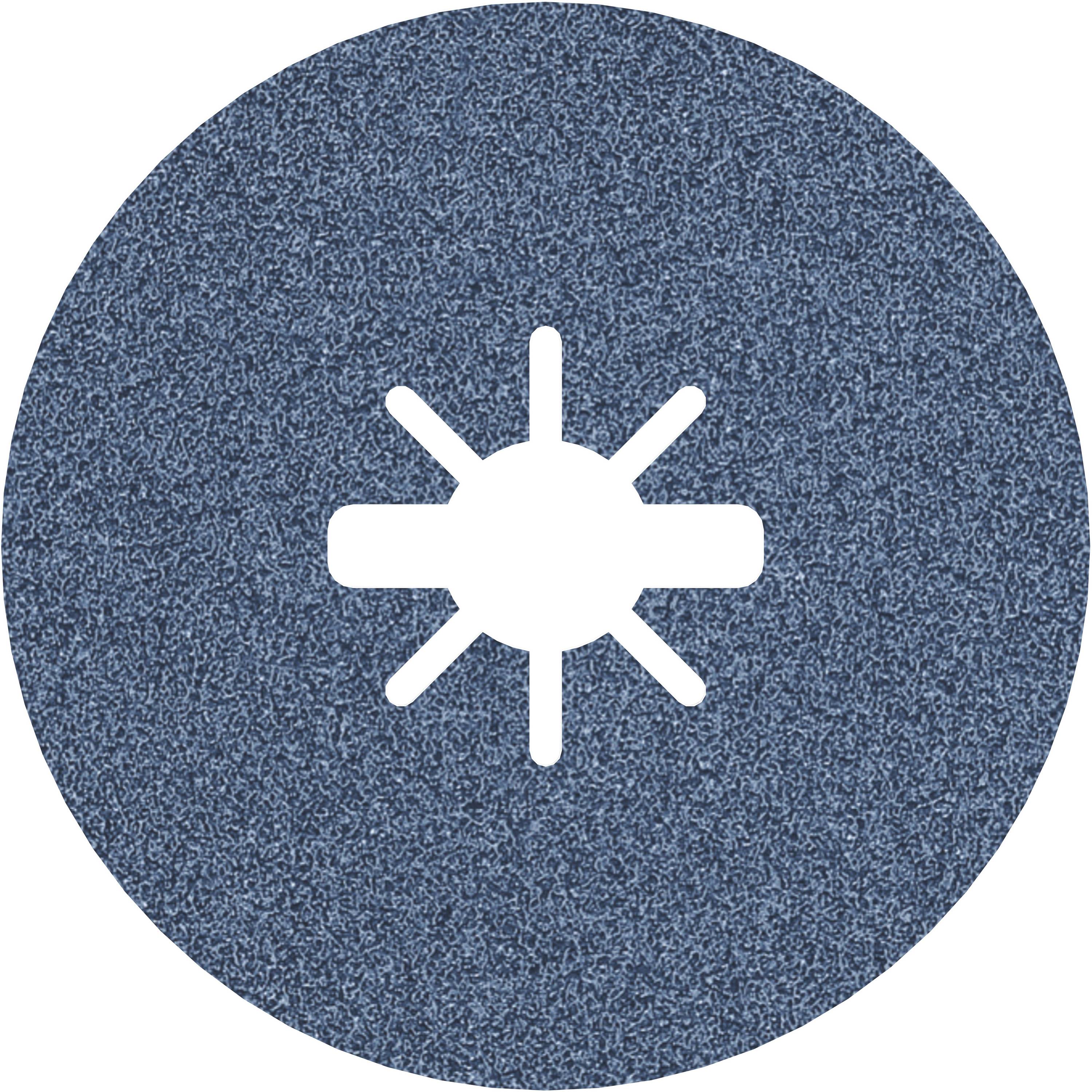 Ein blaues, rundes Schleifrad mit einem zentralen, weiße Symbol in Form eines Sterns oder Zahnrades in der Mitte.