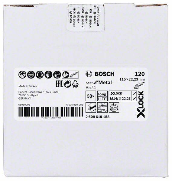 Weiße Verpackung mit schwarzem Bosch-Logo. Details zur Metallschleifscheibe R574, 'Made in Turkey', 115x22,23 mm, 50x.