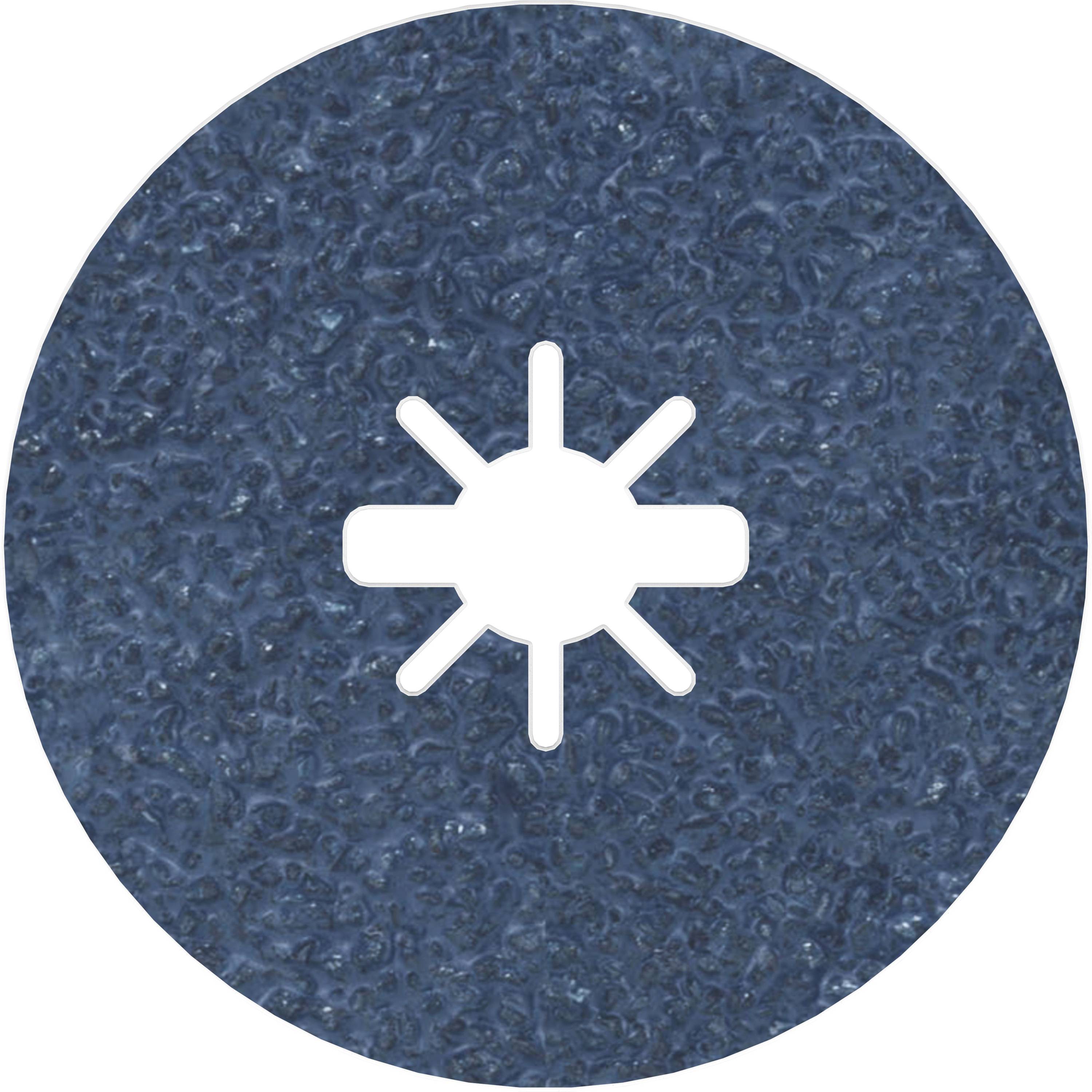 Eine runde, blaue Schleifscheibe mit einem sternförmigen Symbol in der Mitte, das für die Mitte der Scheibe ausgeschnitten ist.