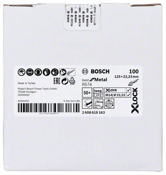 Etikett auf einer Bosch-Verpackung mit Produktinformationen zu Schleifscheiben: 100 Stück, 125 x 22,23 mm, best for Metal.