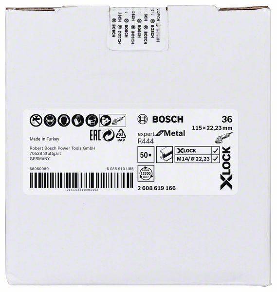 Etikett auf einer Bosch-Verpackung zeigt technische Informationen zu Trennscheiben: '115 x 22,23 mm', '36 Körnung', 'expert for Metal'.