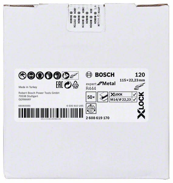 Verpackung eines Bosch-Metalltrennrads, 115 x 22,23 mm, Expert R444, X-LOCK System, 50 Stück. Hergestellt in der Türkei, Bosch-Logo.