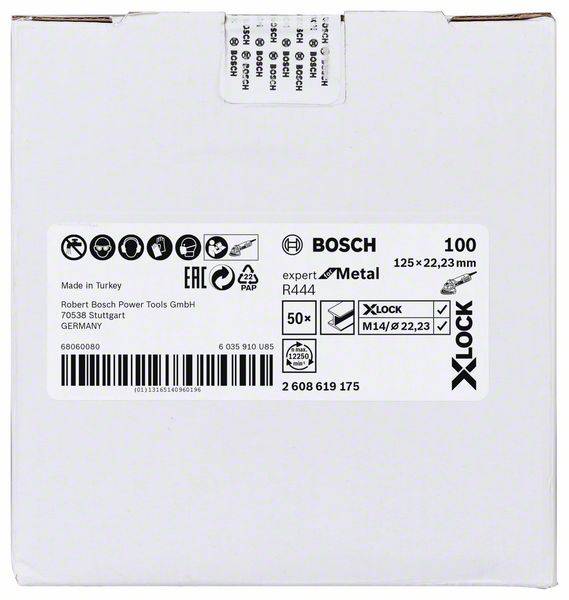 Eine weiße Verpackung mit Bosch-Logo, enthält 100 Metalltrennscheiben, Größe 125 x 22,23 mm. Hergestellt in der Türkei.