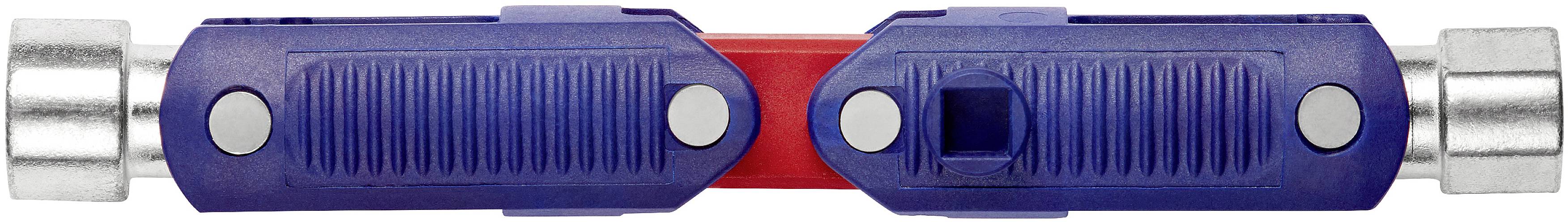 Blauer Kunststoffgriff mit rotem Einsatz, metallische Endstücke an beiden Seiten.