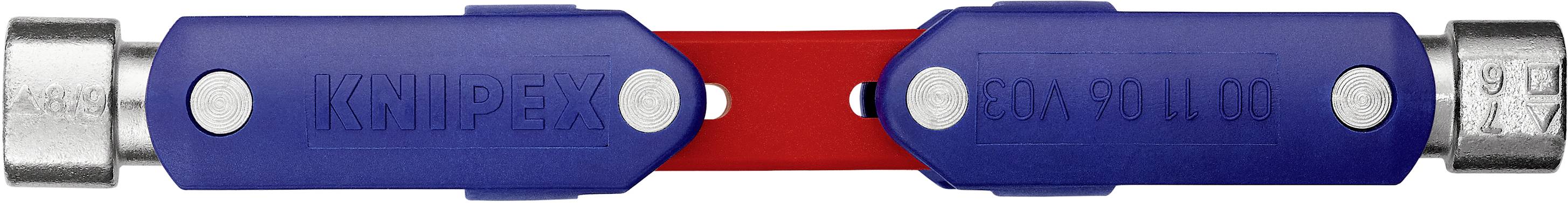 Blauer Multifunktionsschlüssel in T-Form mit rotem Mittelstück, geeignet für verschiedene Installationsanwendungen.