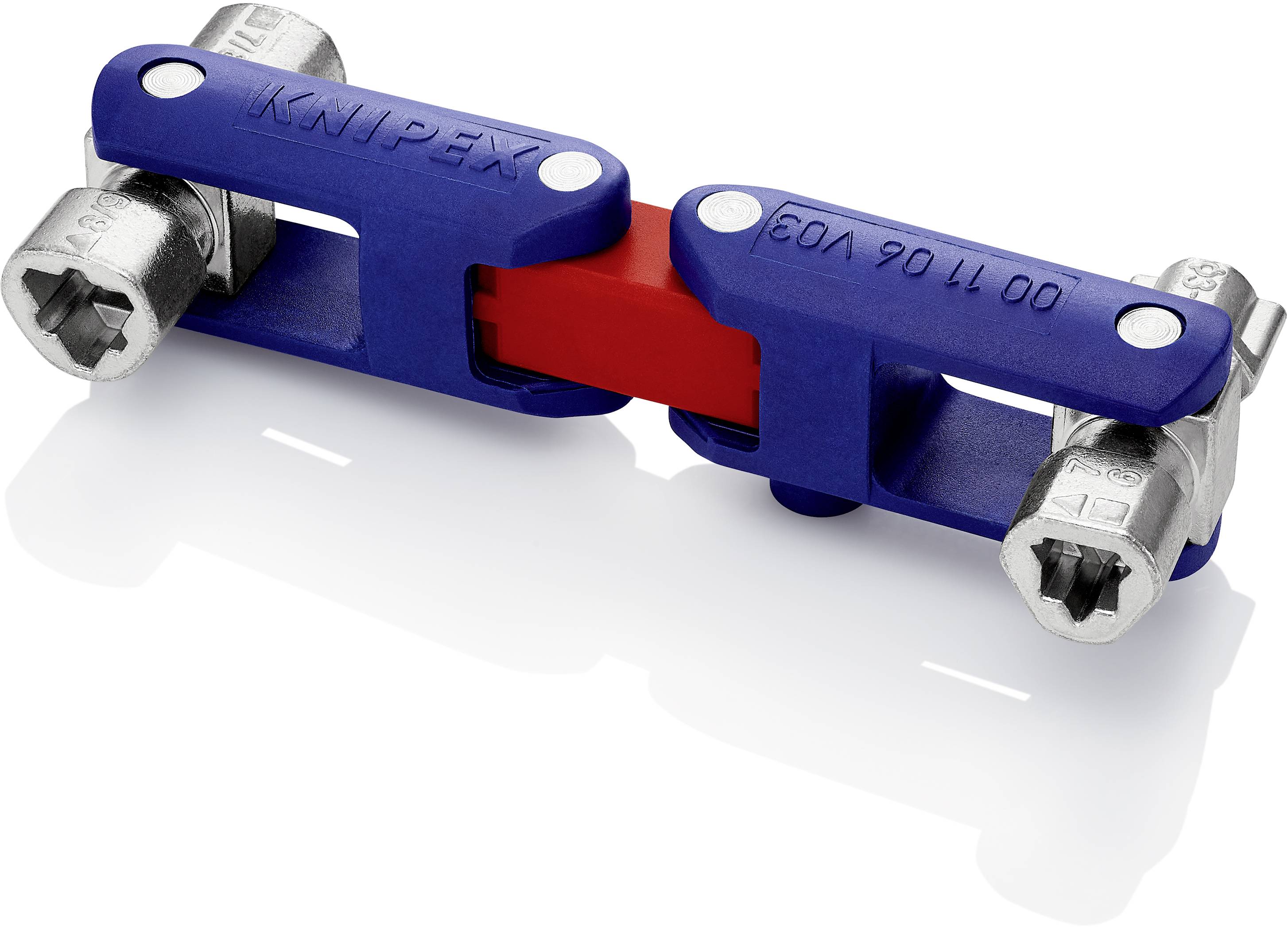 Ein blau-rotes Werkzeug zum Öffnen verschiedener Industrie-Schließsysteme, mit silbernen Enden, geeignet für Heizung, Lüftung und Sanitär.