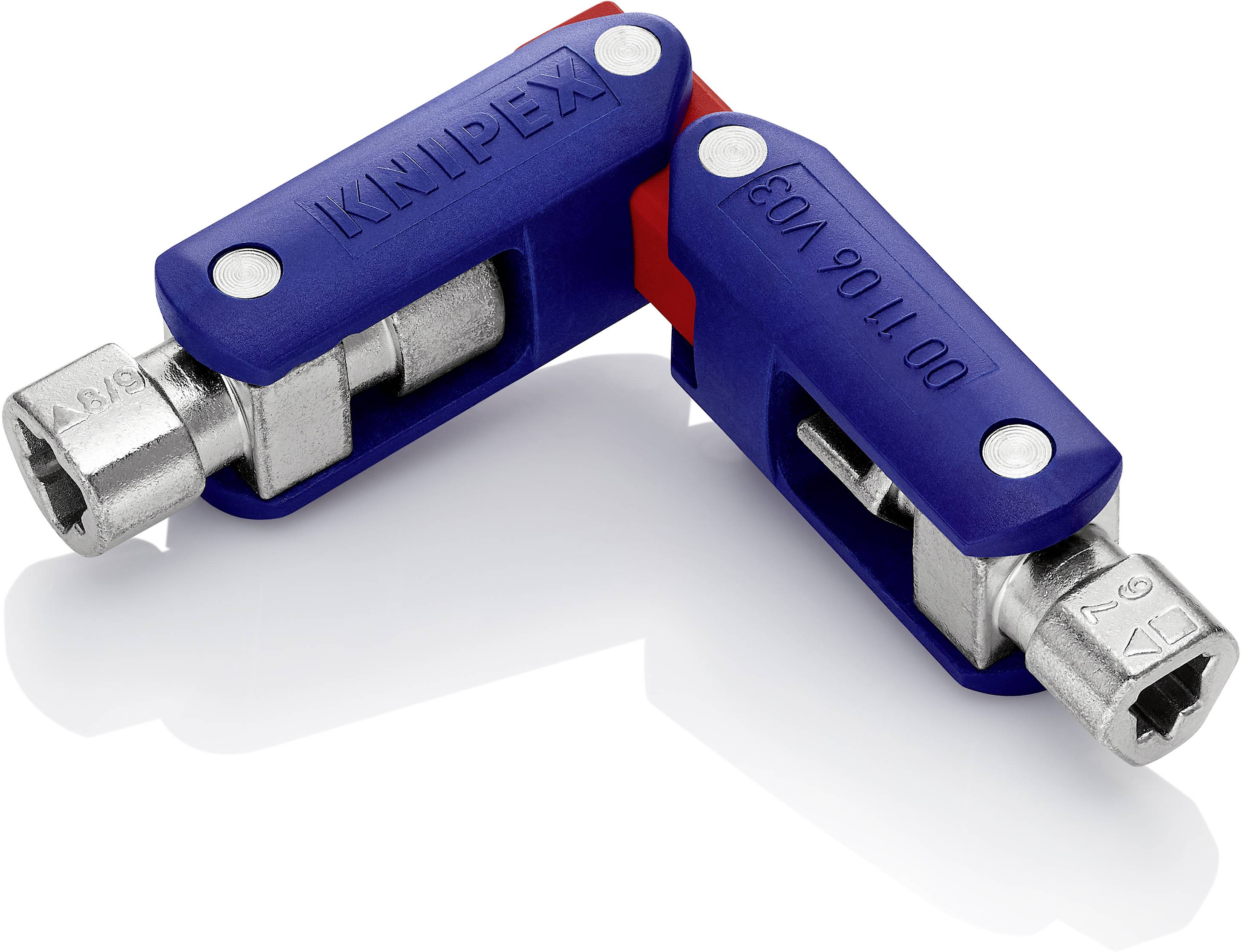 Kreuzschlüssel von KNIPEX mit blauen Griffen und silbernen Metallköpfen, zum Einsatz bei Mehrfachanschlüssen, auf hellem Hintergrund.